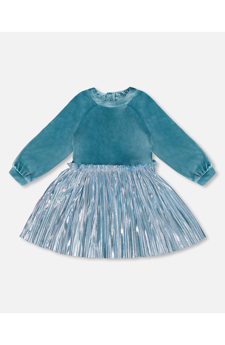 Deux par Deux Little Girl's Bi-Material Long Sleeve Dress Blue Frost, Main, color,