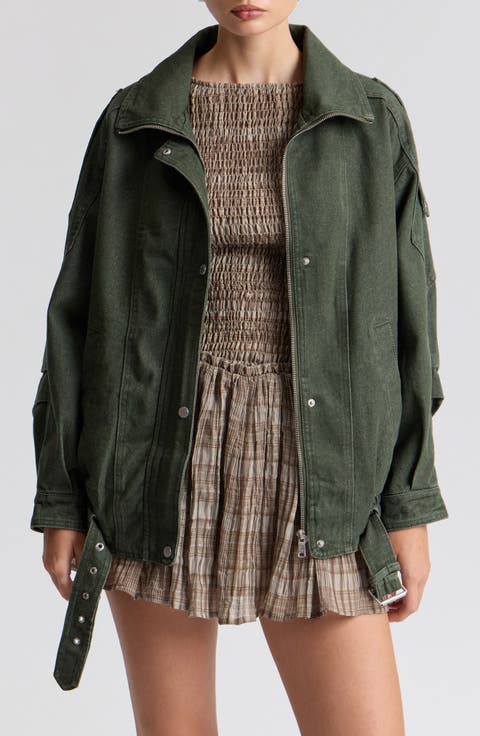 Denim Belted Bomber Jacket
