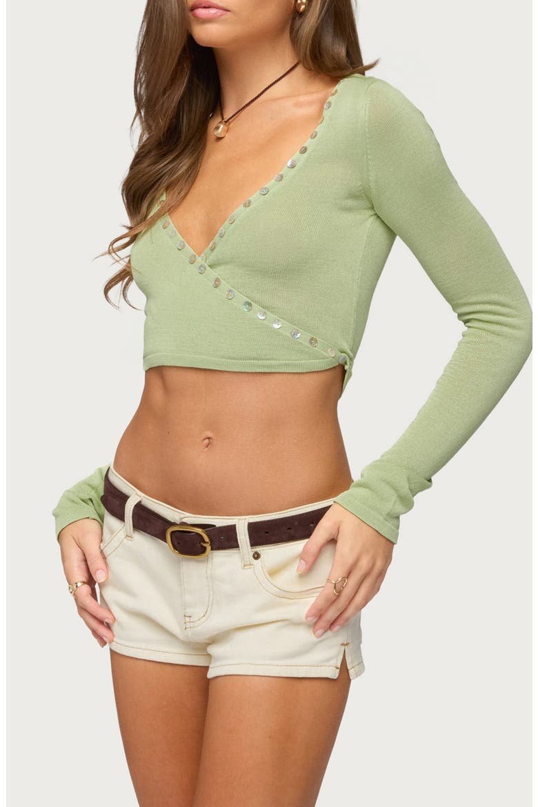 Hyla Knit Button Embellished Faux Wrap Crop Top, Alternate, color, SAGE