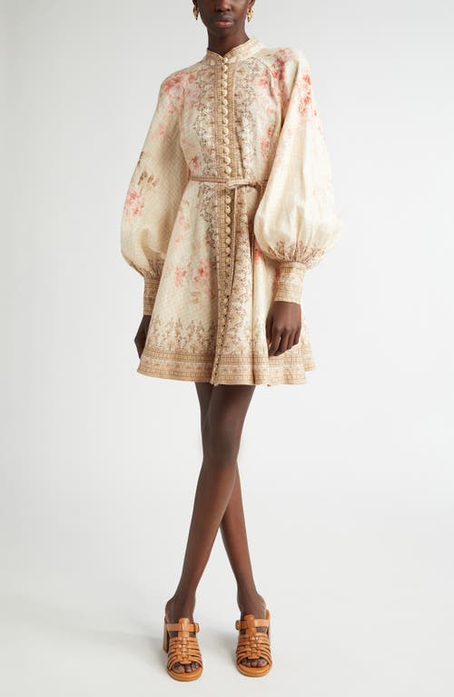 Shop Zimmermann Tropical Floral Long Sleeve Belted Linen Minidress In Coral Floral
