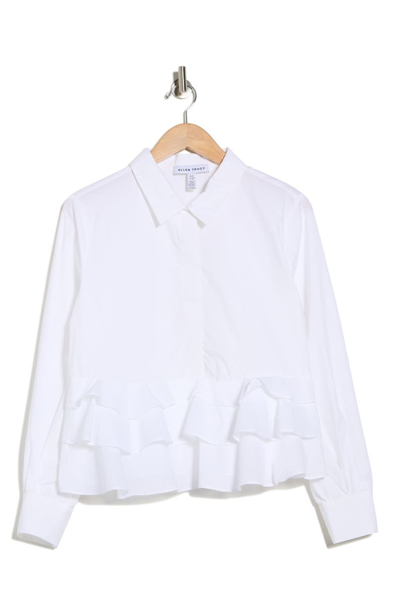 Ellen Tracy Ruffle Poplin Crop Button-Up Shirt, Main, color, White