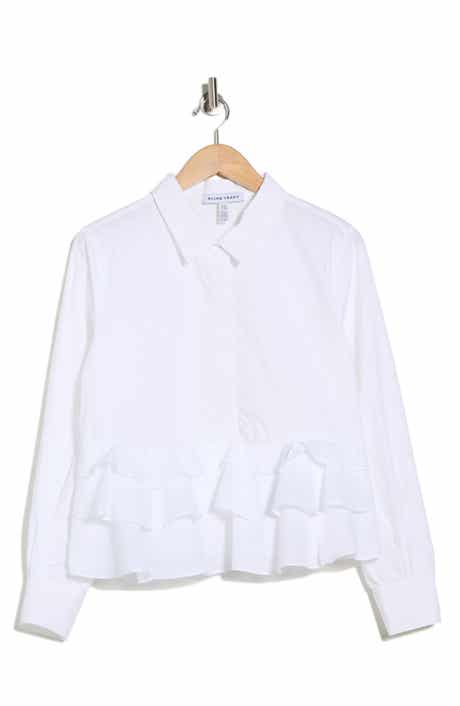 Ellen Tracy Ruffle Poplin Crop Button-Up Shirt