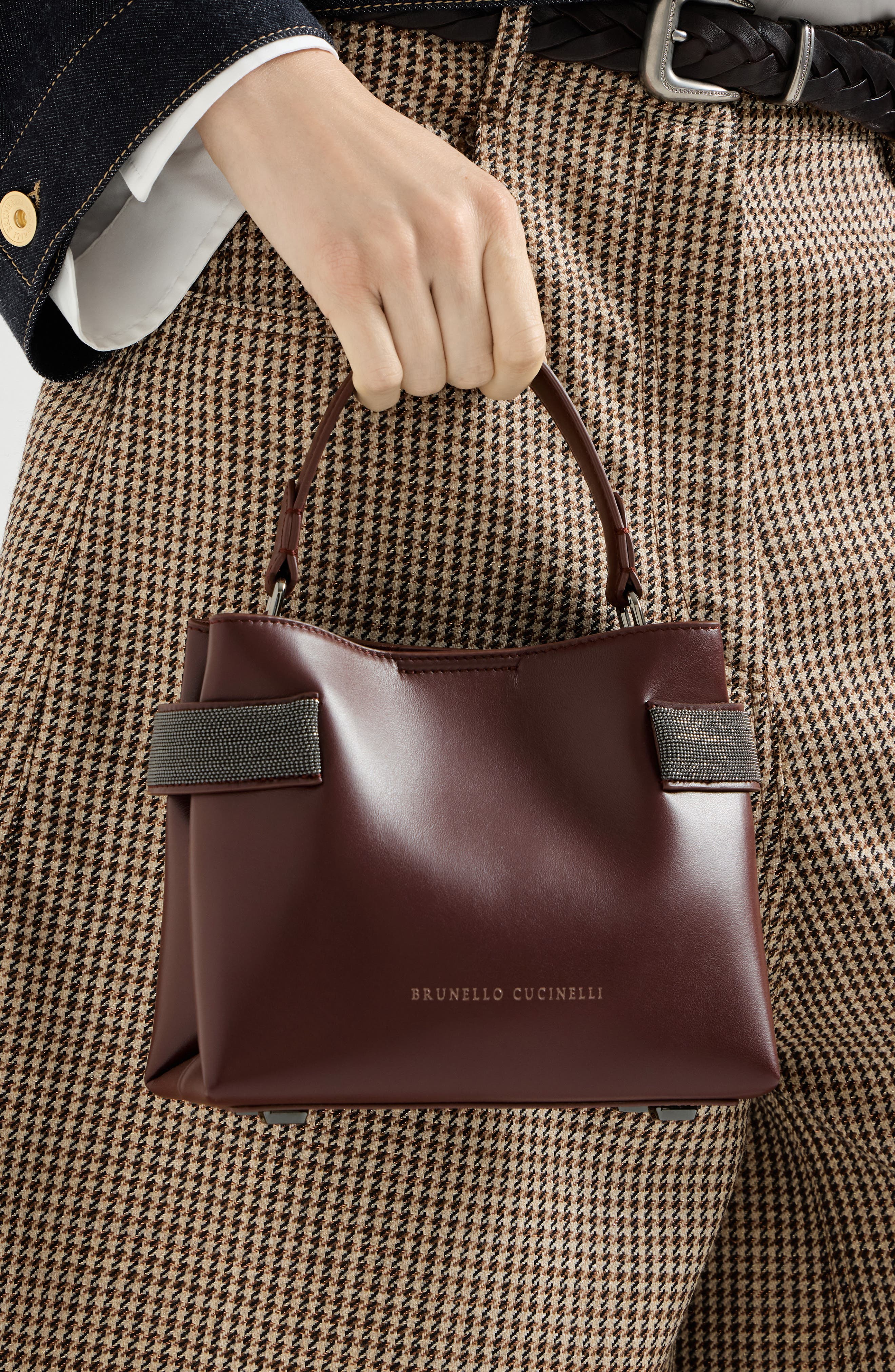 Essence small top-handle bag in calfskin with precious bands, Alternate, color, Burgundy