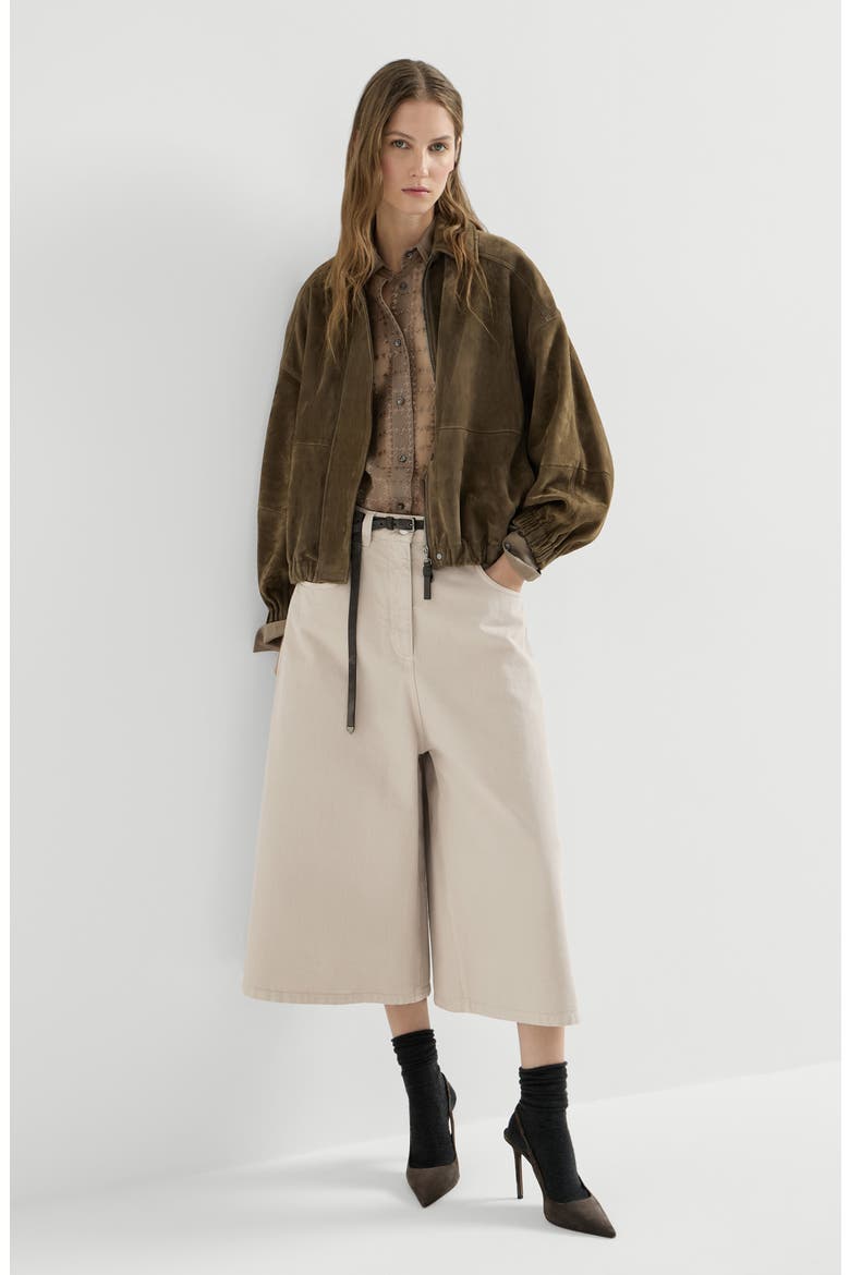 Dyed denim wide cropped trousers with monili, Alternate, color, Sand