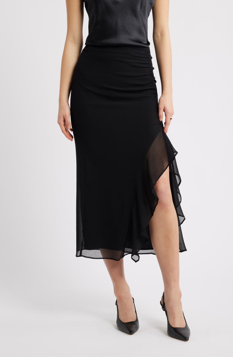 Open Edit Ruffle Chiffon Midi Skirt, Main, color, Black
