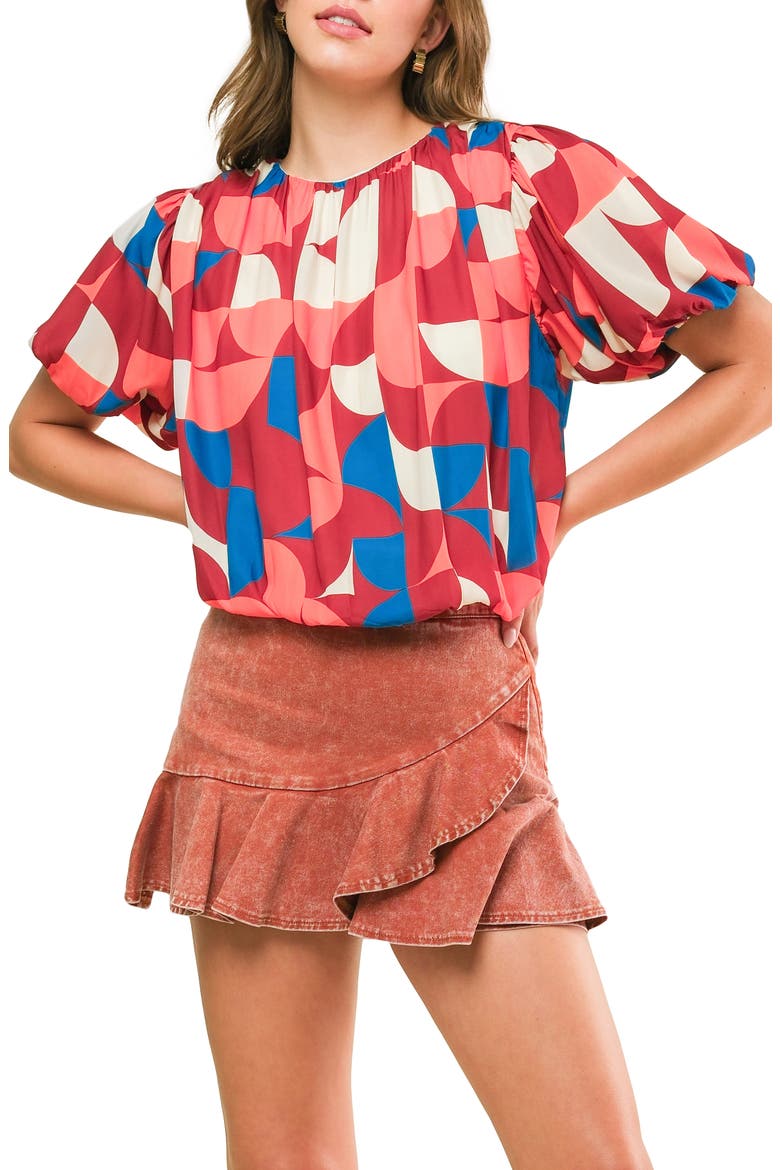 Geometric Print Short Sleeve Blouson Top, Main, color, BURGUNDY