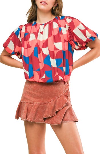 Flying Tomato Geometric Print Short Sleeve Blouson Top In Red
