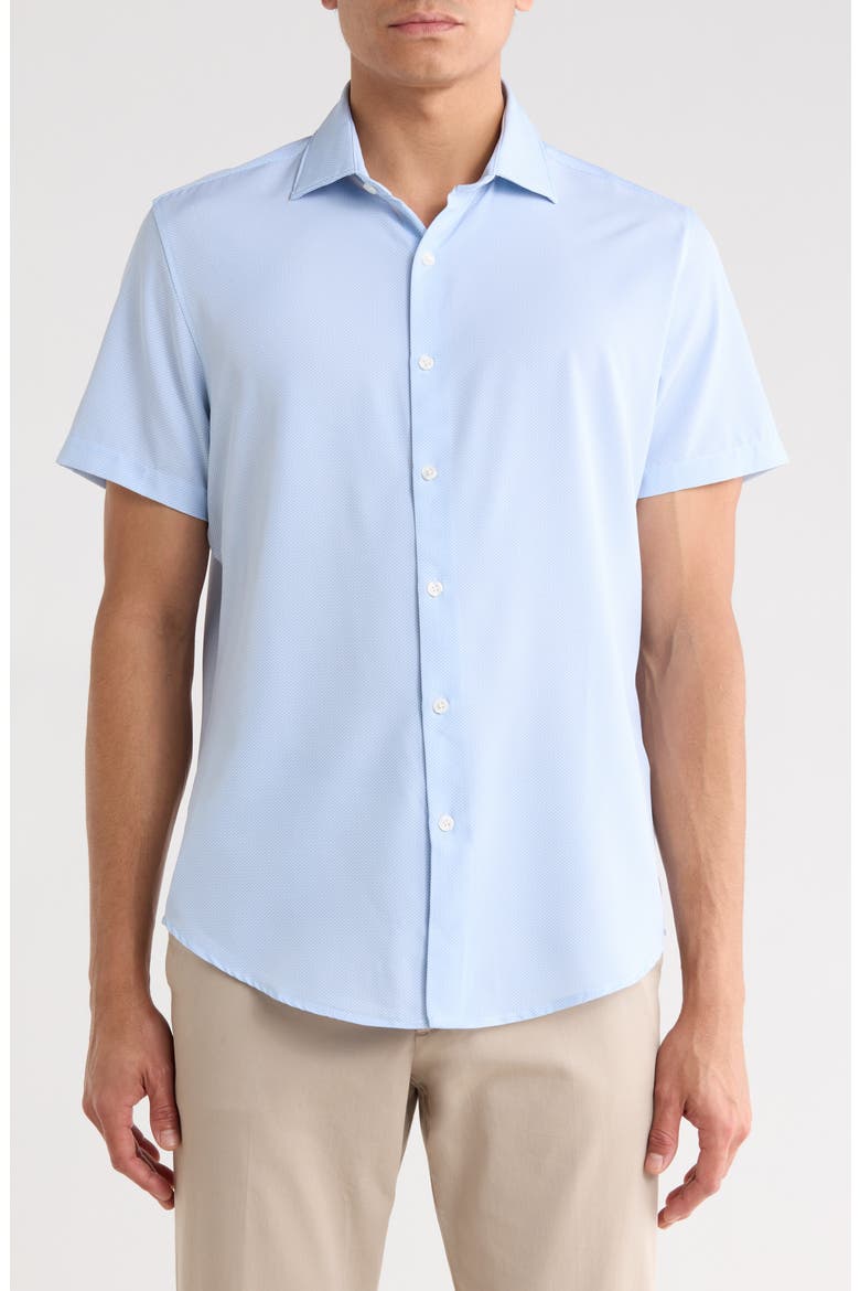 Microprint Short Sleeve Stretch Button-Up Shirt, Main, color, LIGHT BLUE