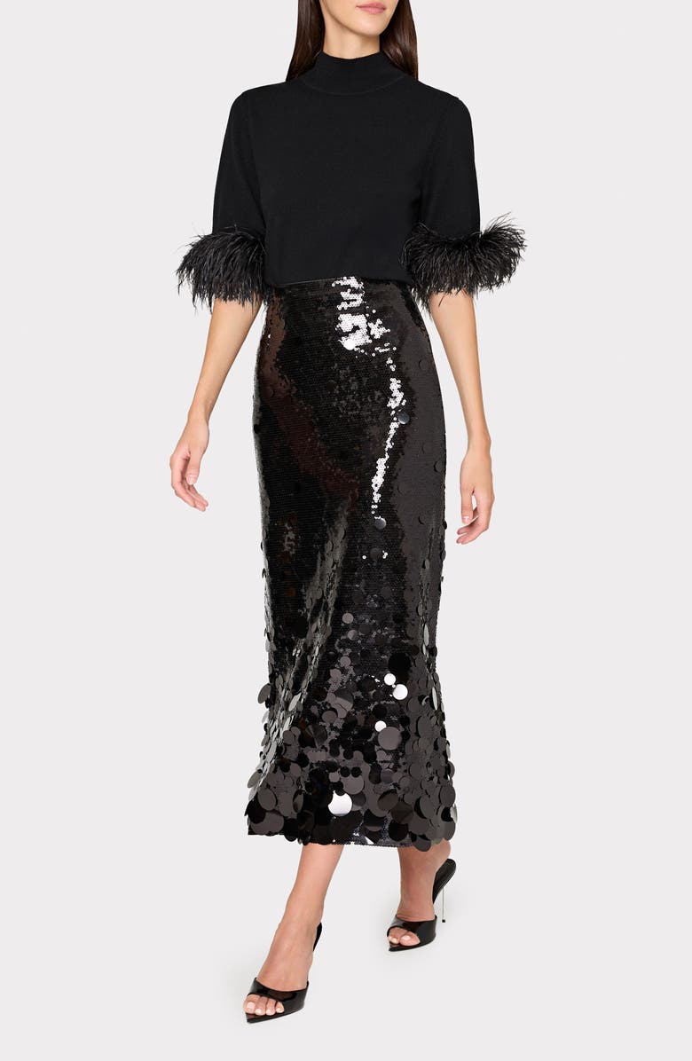 Milly Feather Detail Mock Neck Sweater, Alternate, color, Black