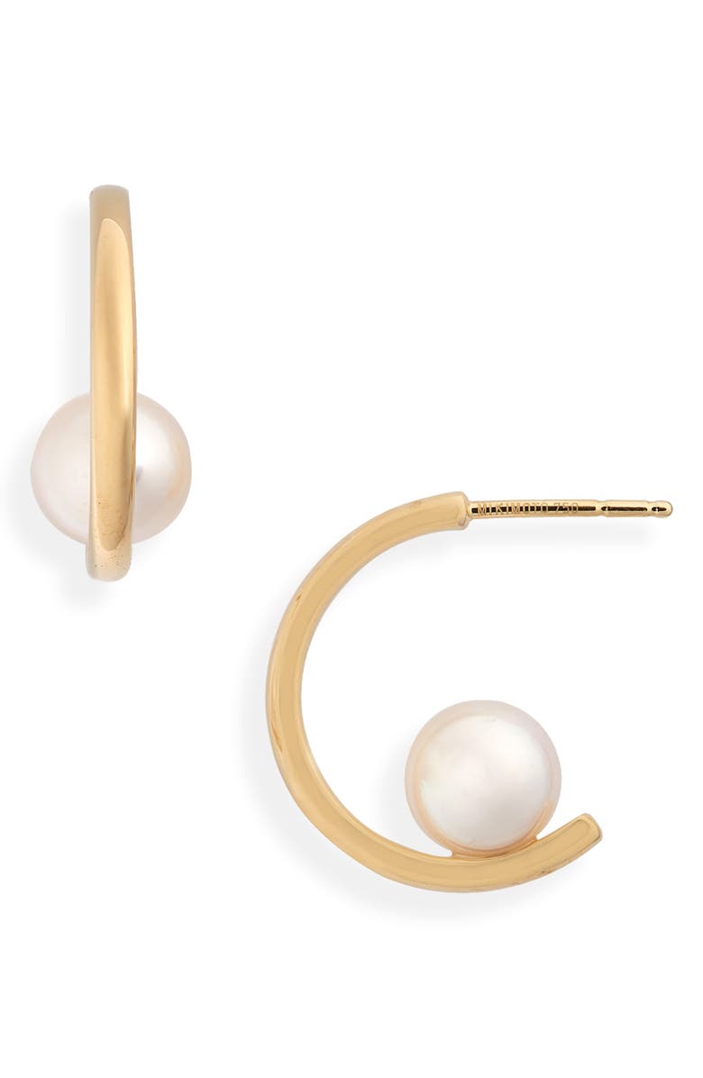 Mikimoto Floating Pearl Mini Hoop Earring, Main, color,