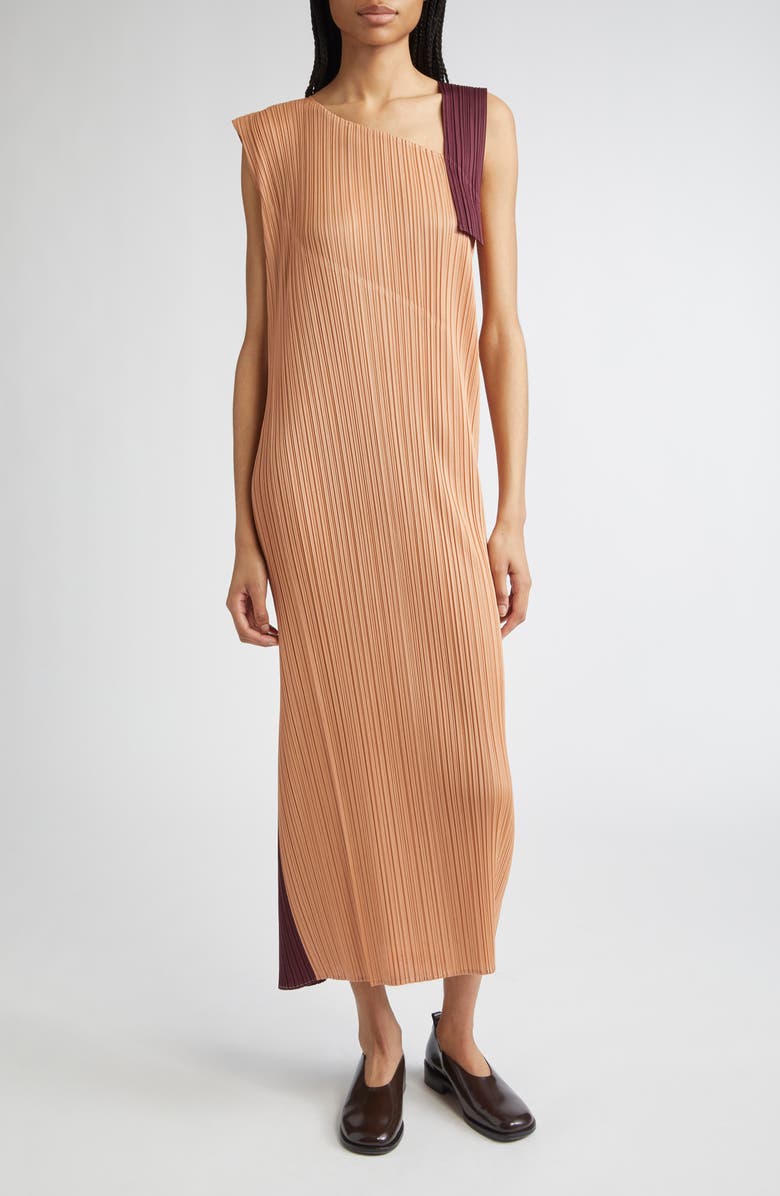 Pleats Please Issey Miyake Pointe Pleated Asymmetric Sleeveless Midi Dress, Main, color, Pink Beige