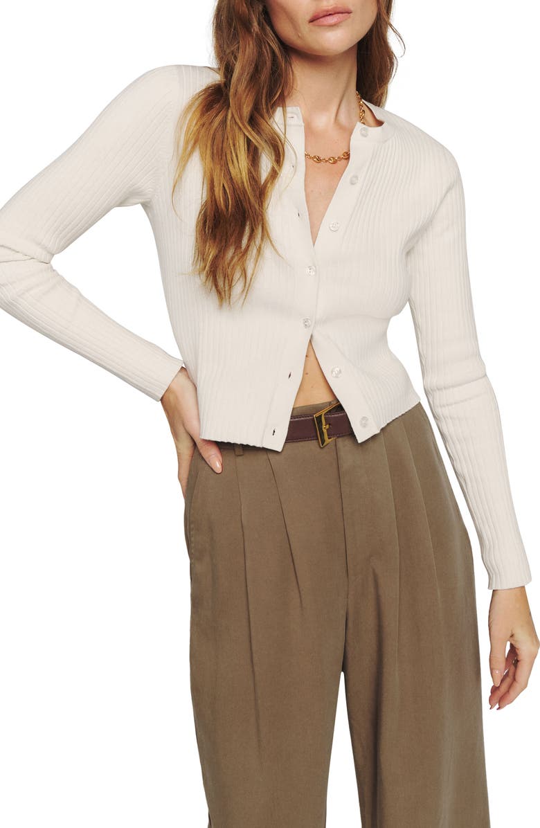 Reformation Joanne Crop Organic Cotton Blend Rib Cardigan, Main, color, Fior Di Latte