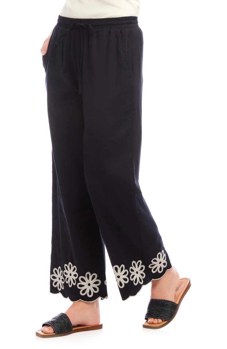 Karen Kane Embroidered Scallop Drawstring Cotton Pants, Alternate, color, Black/ Cream