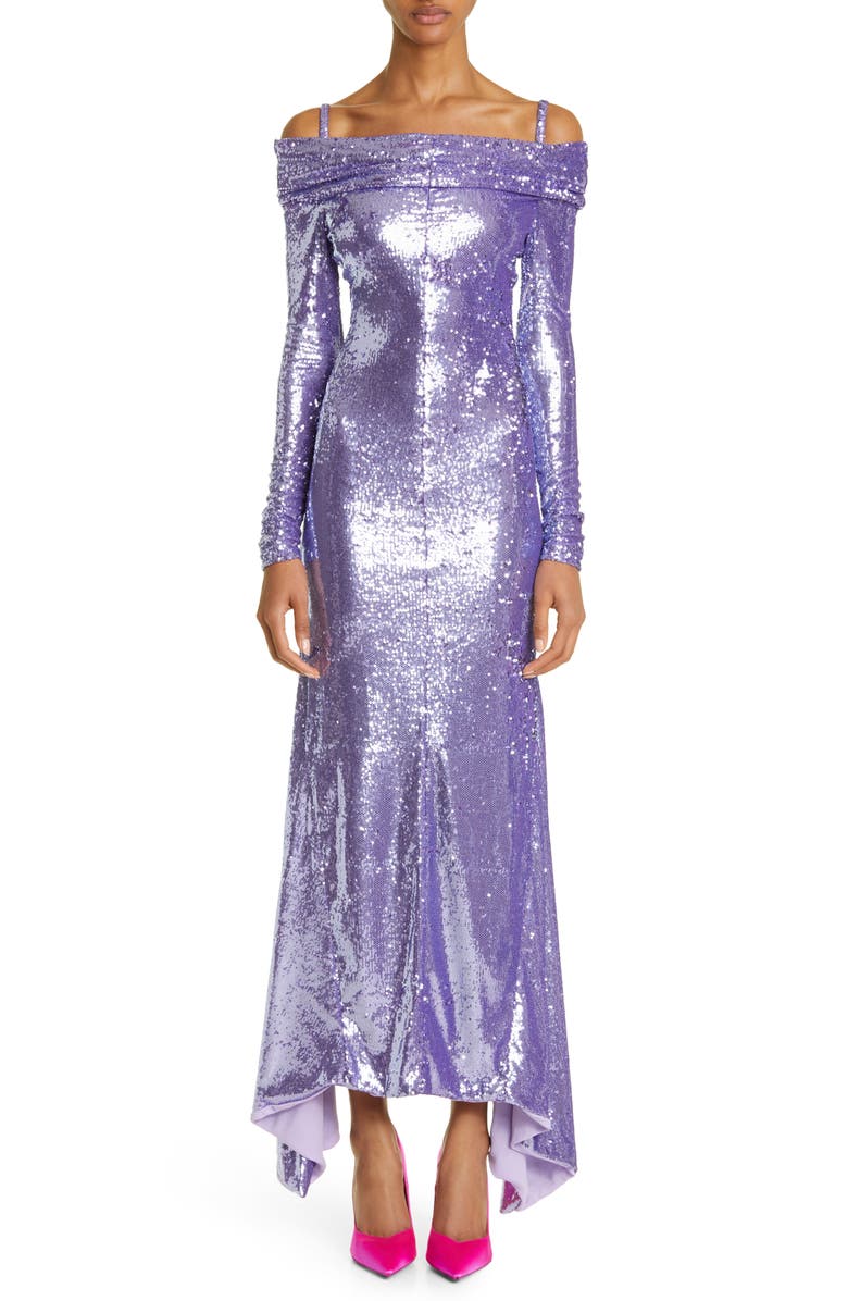 The Attico Fanny Cold Shoulder Long Sleeve Sequin Gown, Main, color,