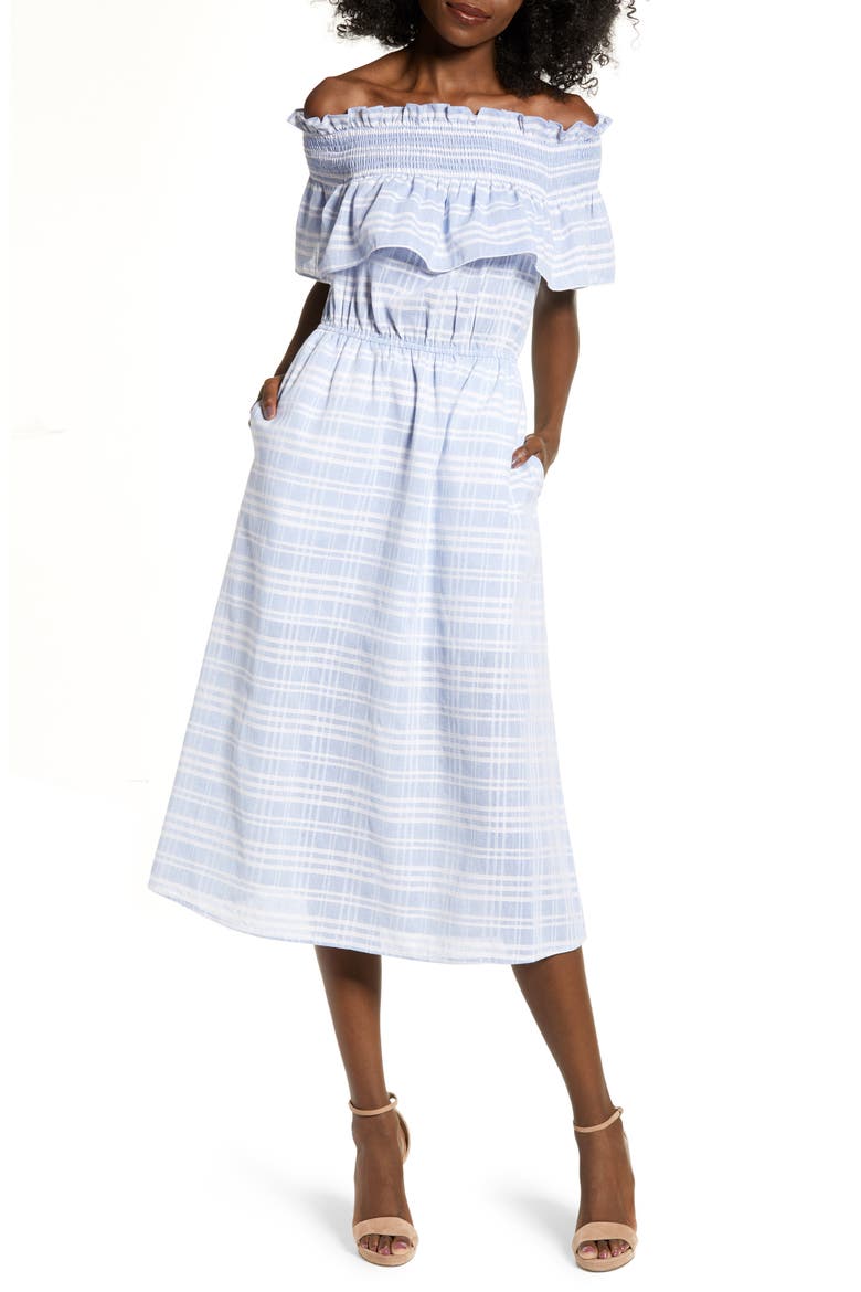 Off the Shoulder Smocked Midi Dress, Main, color, BLUE