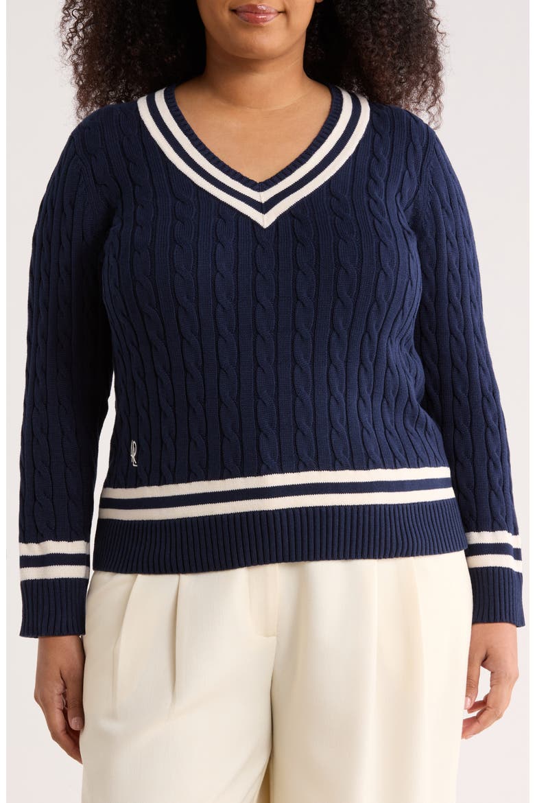 Cable Stitch Crewneck Cotton Sweater, Main, color, REFINED NAVY BLUE/ CREAM