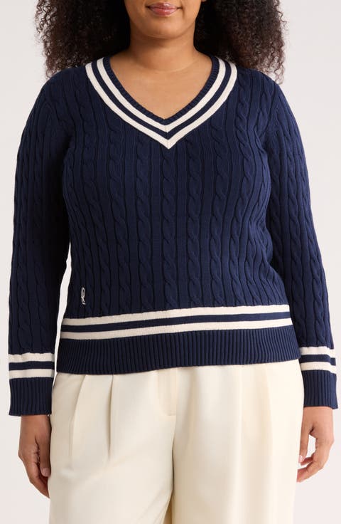 Cable Stitch Crewneck Cotton Sweater (Plus)