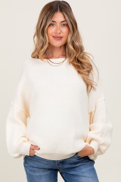 Balloon Sleeve Boat Neck Knit Sweater