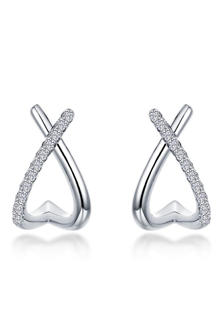 Crisscross Heart Simulated Diamond Hoop Earrings, Main, color, WHITE GOLD