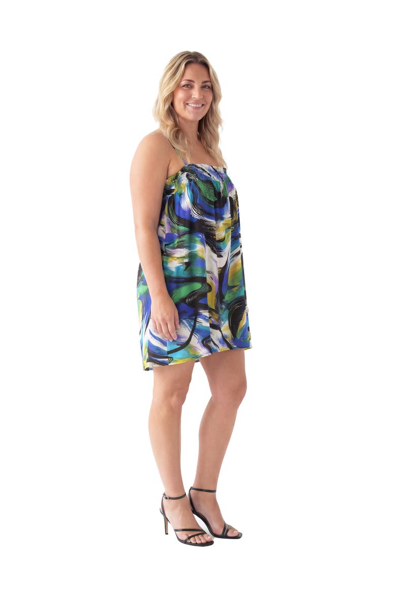 Curvy Essential Abstract Print Spaghetti Strap Smocked A-Line Pocket Mini Dress, Alternate, color, Blue Multi