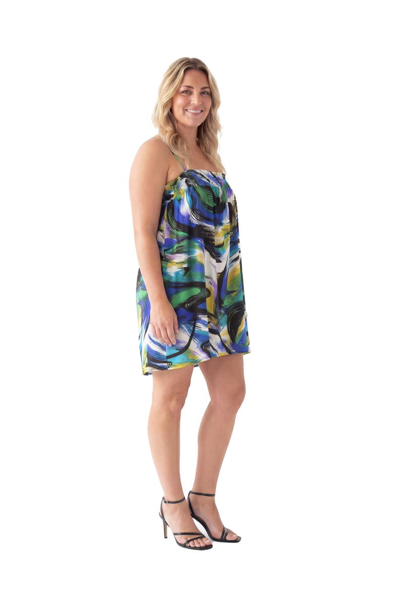 24seven Comfort Apparel Curvy Essential Abstract Print Spaghetti Strap Smocked A-Line Pocket Mini Dress, Alternate, color, Blue Multi
