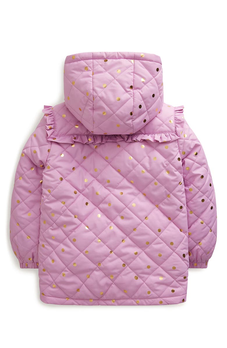 Mini Boden Kids' Foil Dot Ruffle Quilted Parka, Alternate, color,