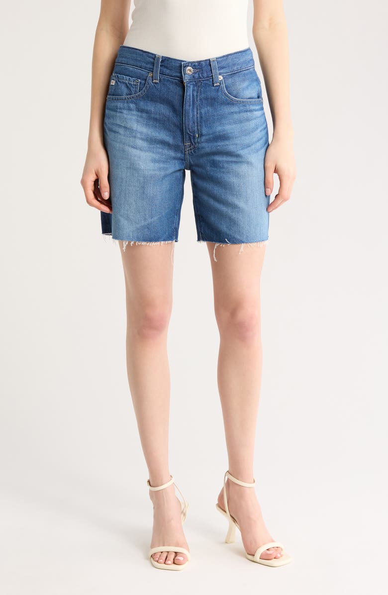 AG Ex-Boyfriend Raw Hem Denim Bermuda Shorts, Main, color, Beryl Blue
