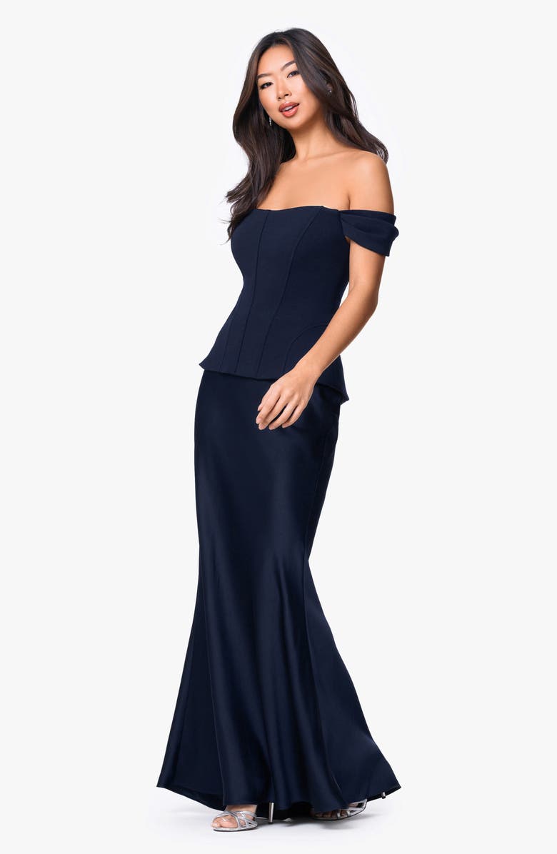 Betsy & Adam Off the Shoulder Mixed Media Gown, Alternate, color, Navy