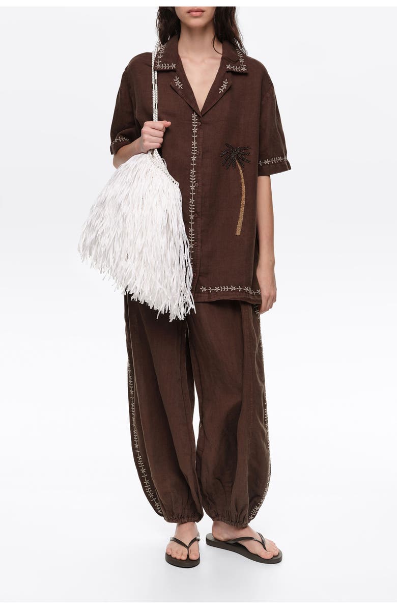 Bimba y Lola Linen Palm Tree Embroidered Shirt, Main, color, Brown