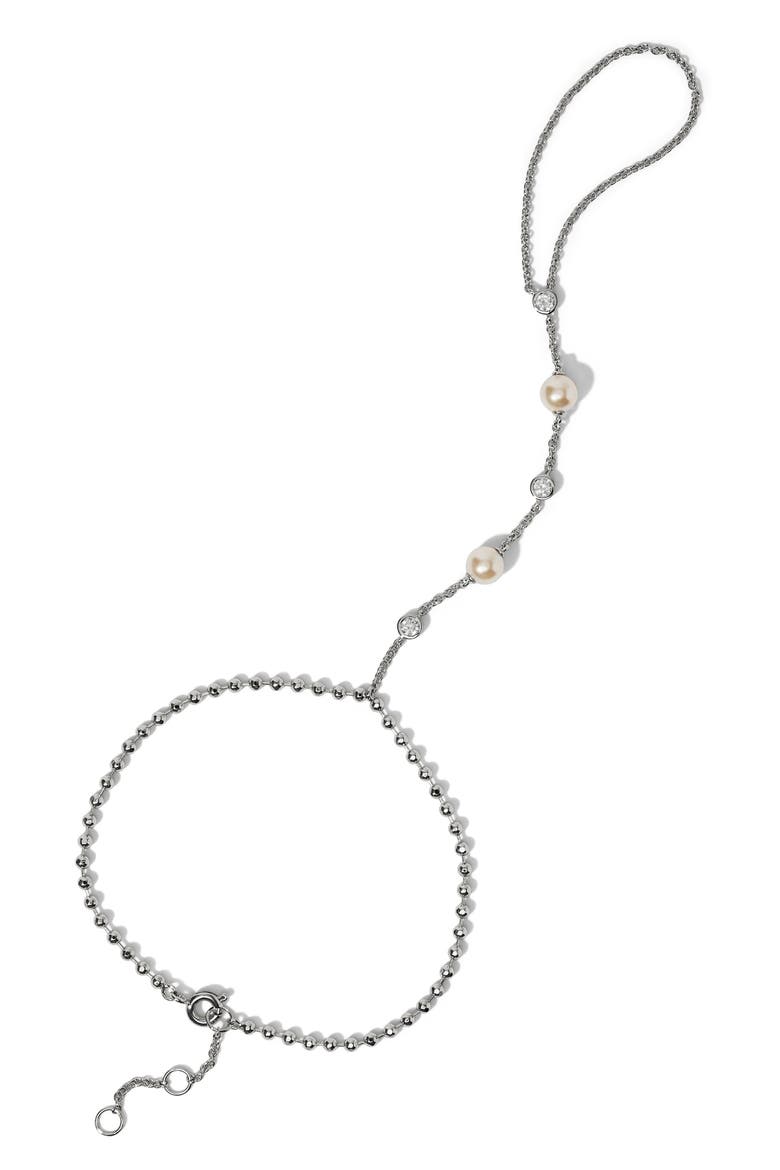 Esme Faux Pearl Hand Chain Bracelet, Main, color, RHODIUM