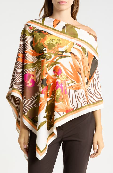 Floral Print Satin Poncho