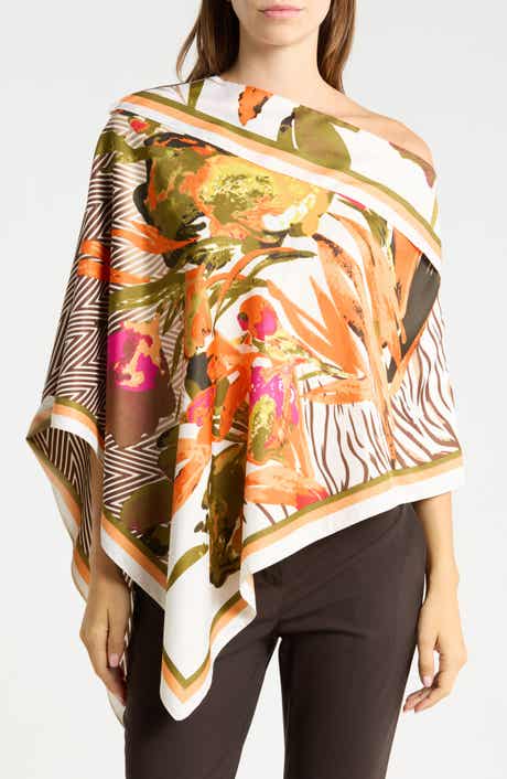 Floral Print Satin Poncho