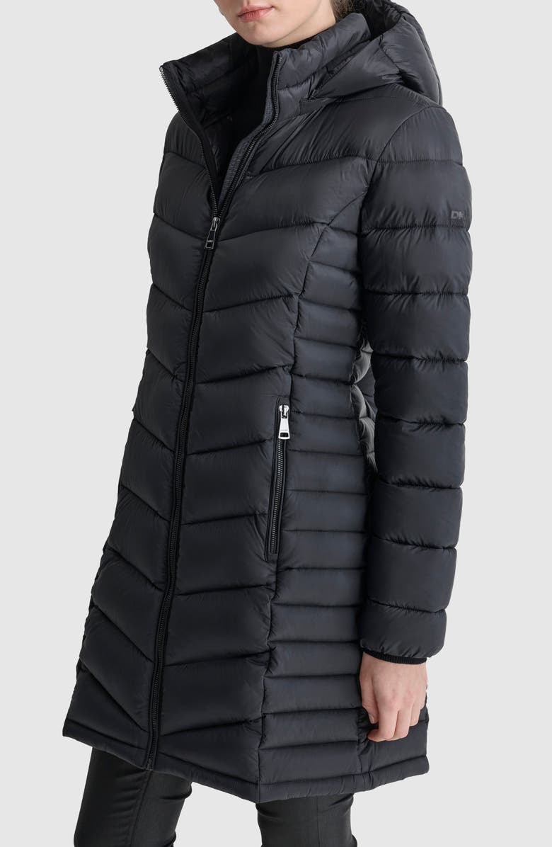DKNY Cire Packable Hooded Longline Puffer Jacket, Alternate, color, Black