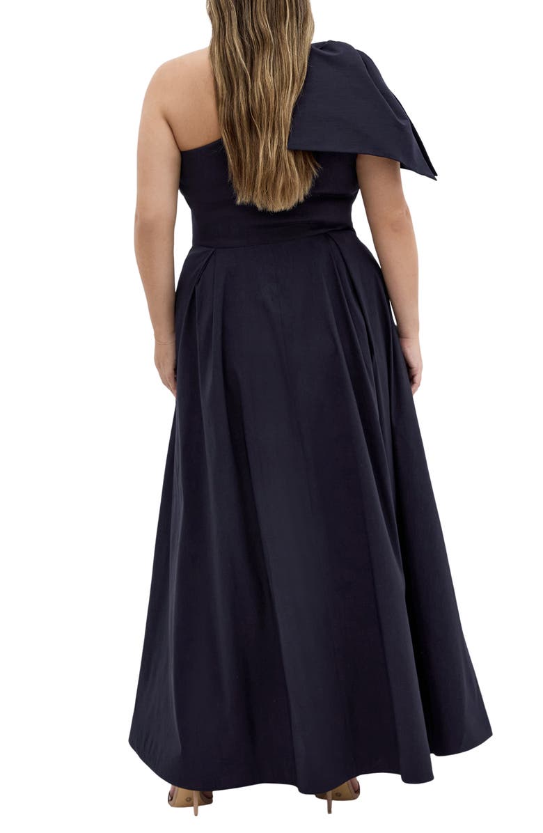 City Chic Captivate Bow One-Shoulder A-Line Gown, Alternate, color, Navy