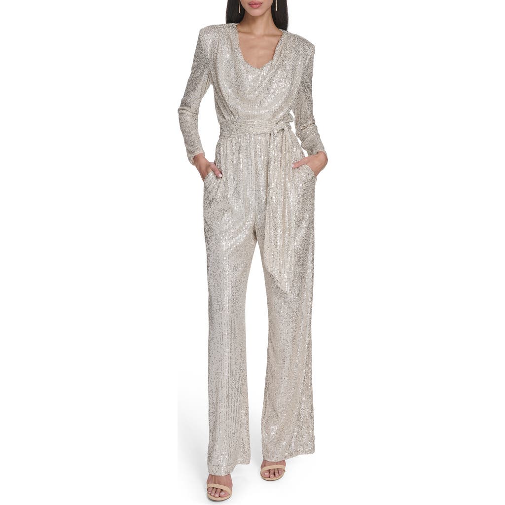 Eliza J Draped Neck Long Sleeve Sequin Jumpsuit In Silver