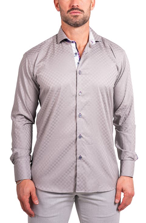Einstein Ascension0090 Grey Tonal Checkerboard Cotton Button-Up Shirt