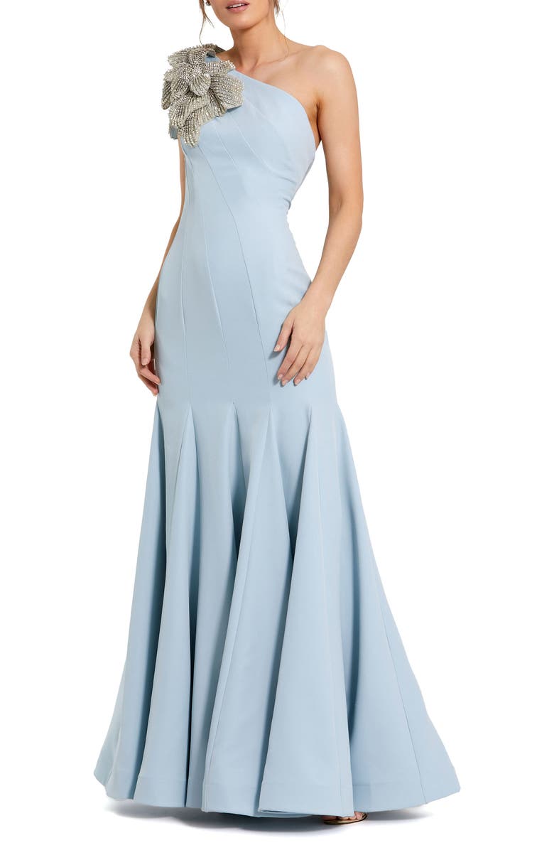 Mac Duggal Crepe One Shoulder Gown With Flower, Main, color, Powder Blue
