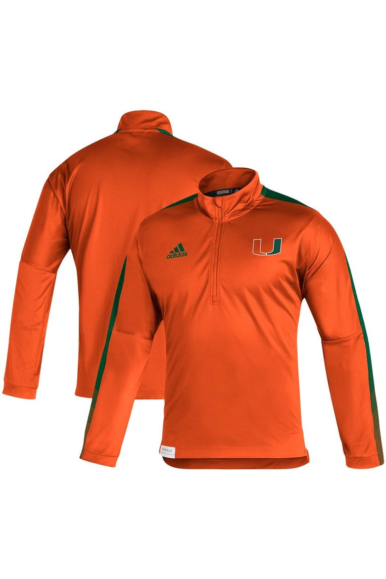 Men's adidas Orange Miami Hurricanes 2021 Sideline Primeblue Quarter-Zip Jacket, Alternate, color, Orange