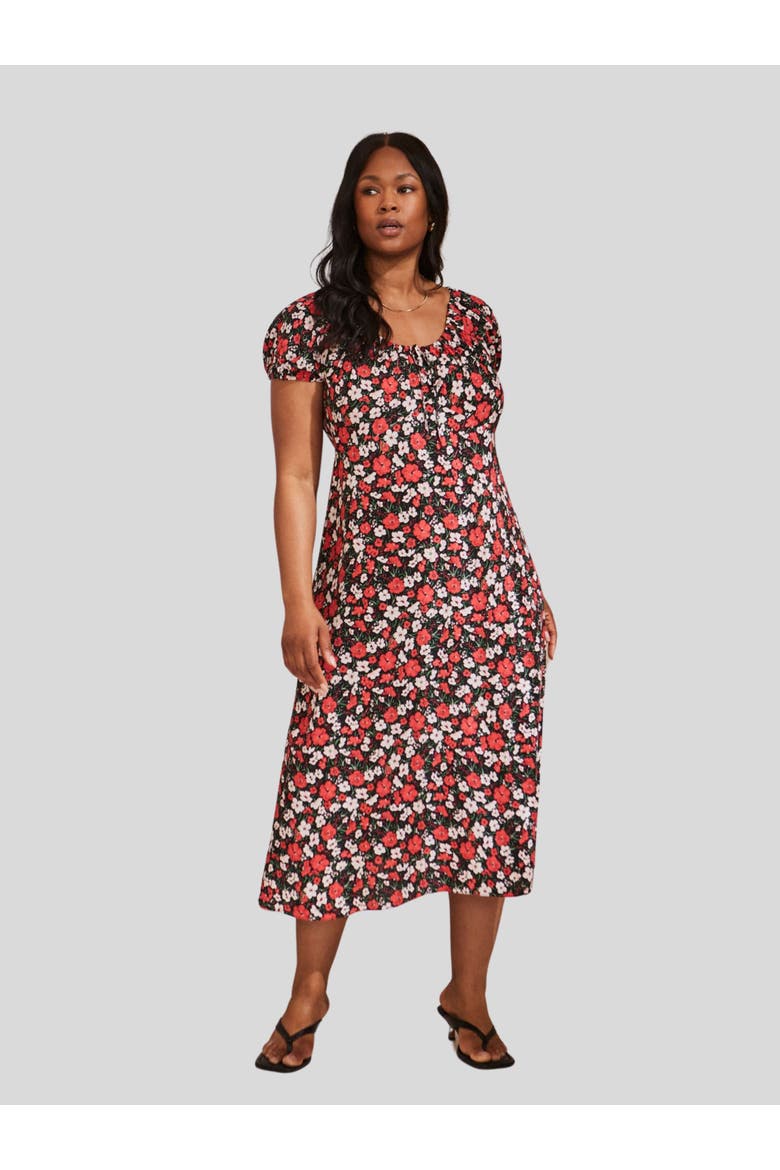 Floral Gathered Neck Midi Dress, Main, color, Red
