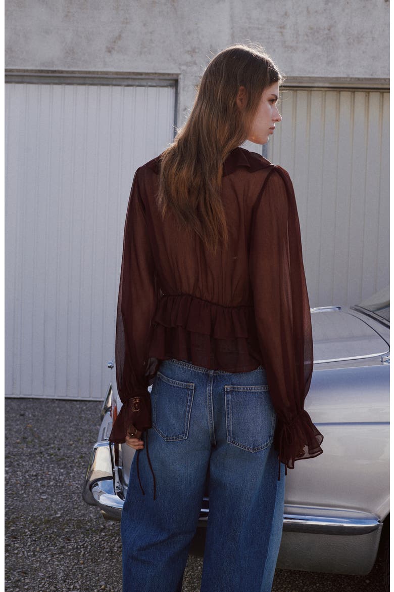 Sheer Ruffle Shirt, Alternate, color, CHOCOLATE