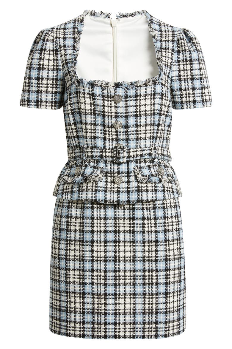 Cecelia Plaid Puff Sleeve Belted Tweed Dress, Alternate, color, BLACK/BLUE MULTI