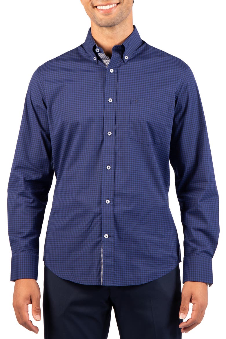 Gingham Performance Long Sleeve Button Down Shirt, Main, color, NAVY