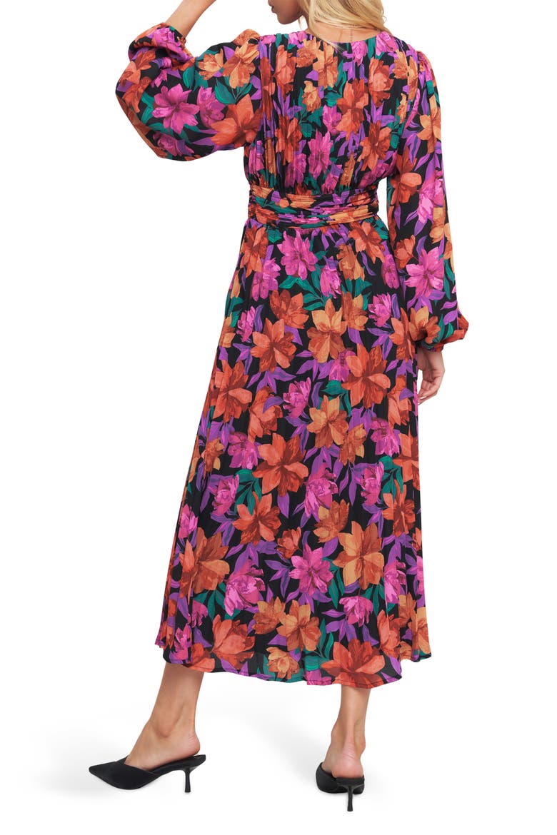Floral Billowy Sleeve Midi Dress, Alternate, color, BLACK/ RED MULTI