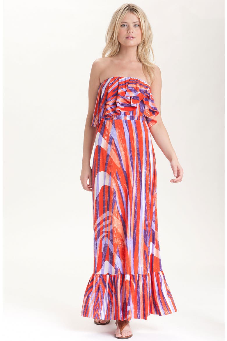 Tbags Ruffle Strapless Jersey Maxi Dress, Main, color, PURPLE/ RED
