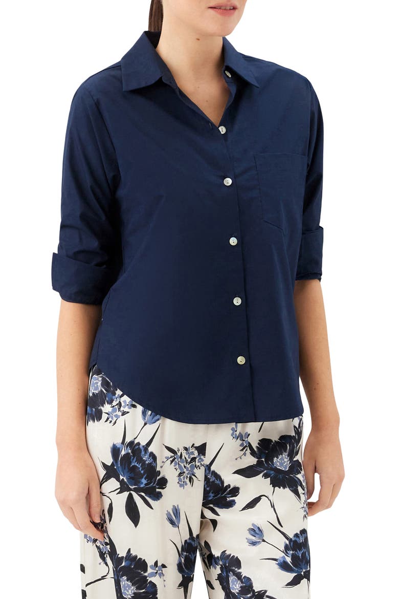 Ruched Sleeve Cotton Button-Up Shirt, Alternate, color, NAVY