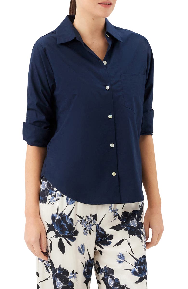 Karen Kane Ruched Sleeve Cotton Button-Up Shirt, Alternate, color, Navy