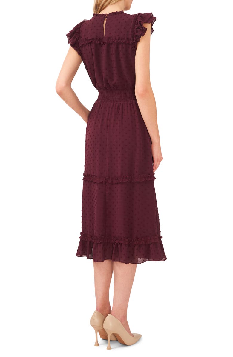 CeCe Clip Dot Flutter Sleeve Midi Dress, Alternate, color, Rich Cabernet