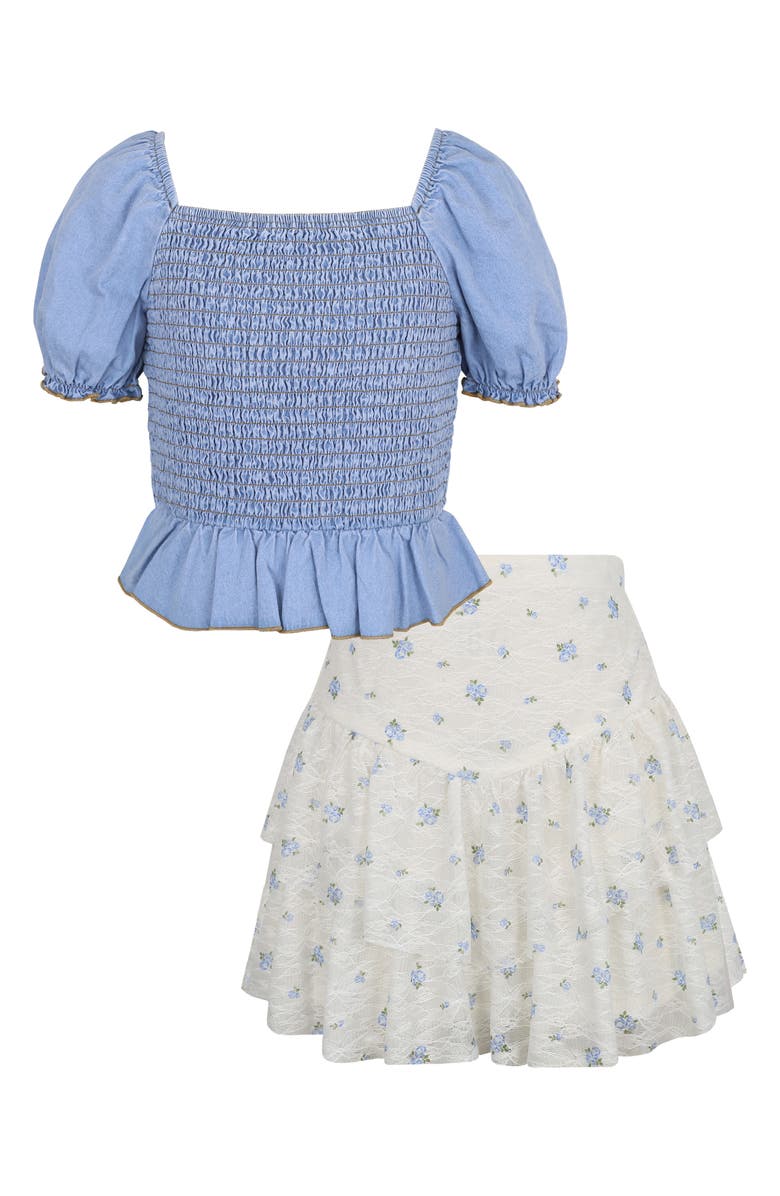 Zunie Kids' Smocked Top & Tiered Skirt Set, Main, color, Blue/ Ivory