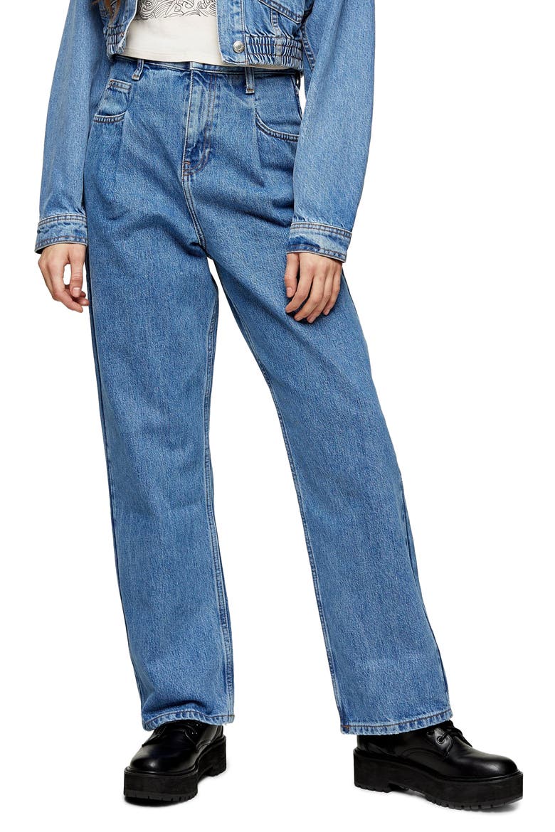 Pleat Dad Jeans, Main, color, MID BLUE
