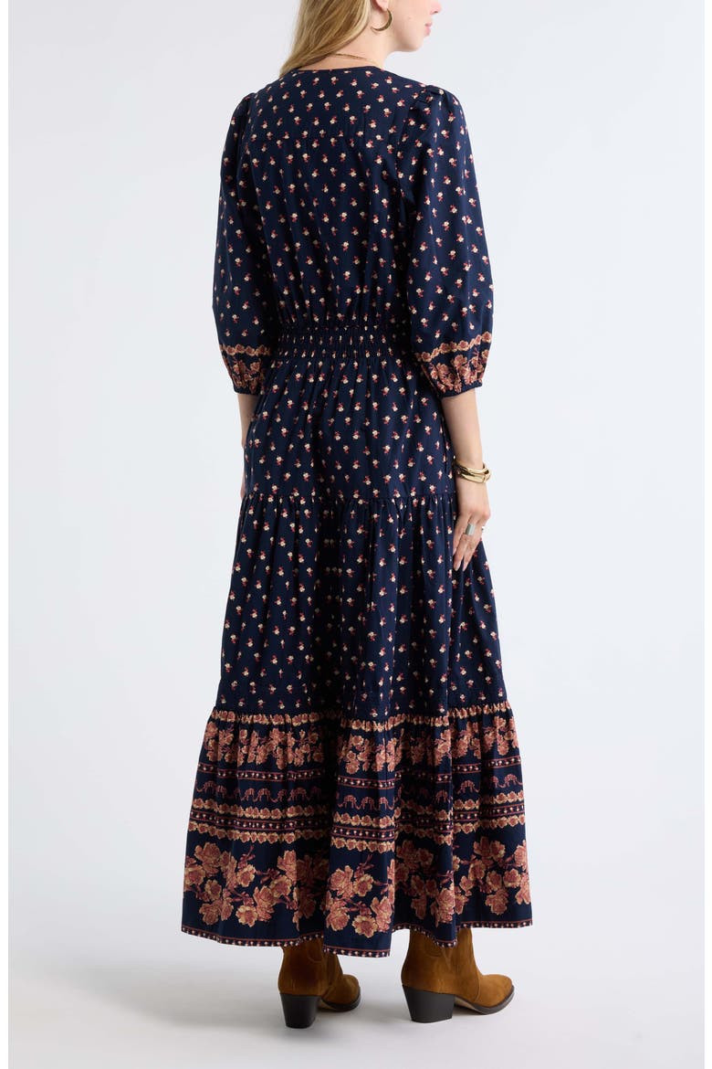 Printed Tiered Cotton Maxi Dress, Alternate, color, NAVY ROSE MIXED